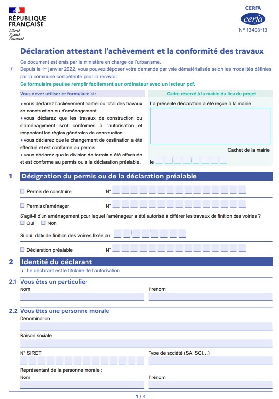 DAACT- CERFA 13408-13 déclaration d'achèvement des travaux